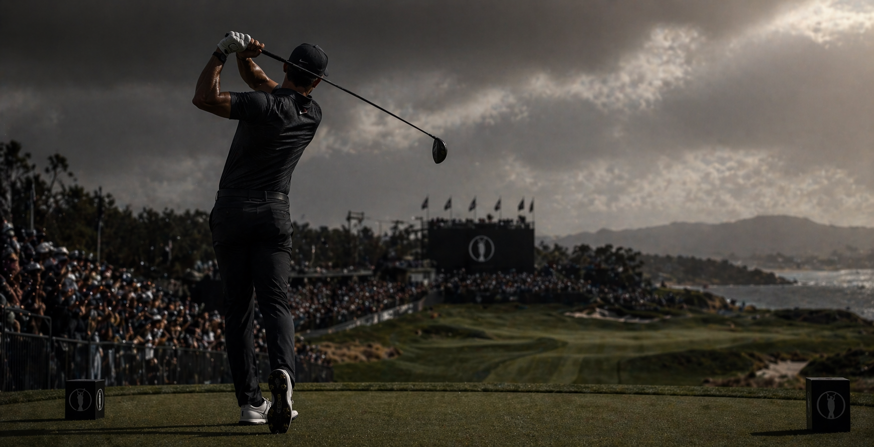 Golfer in action on a golf course with a dark, moody sky.